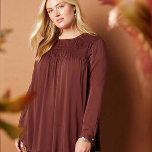 J. Jill Smocked Satin Autumn Long Sleeve Peasant Top Clove Brown Womens Size XL